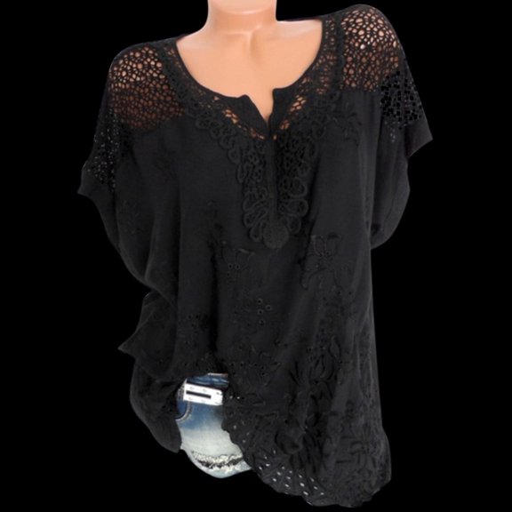 SHITINN Women Lace Hollow Lace V-Neck Embroidered Short-Sleeved Bat Shirt Top Short Sleeve Womens Tops Summer Fashion Women Women Blouses