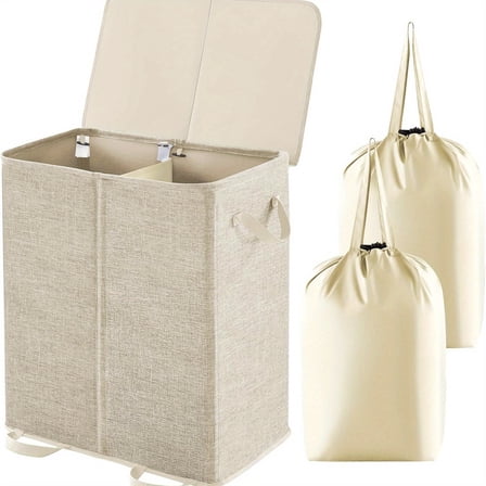 Double Laundry Hamper with Lid - Collapsible 2-Divider Dirty Clothes Basket, Removable Bags & Handles, Beige Organizer for Bedroom/Laundry Room/College Dorm