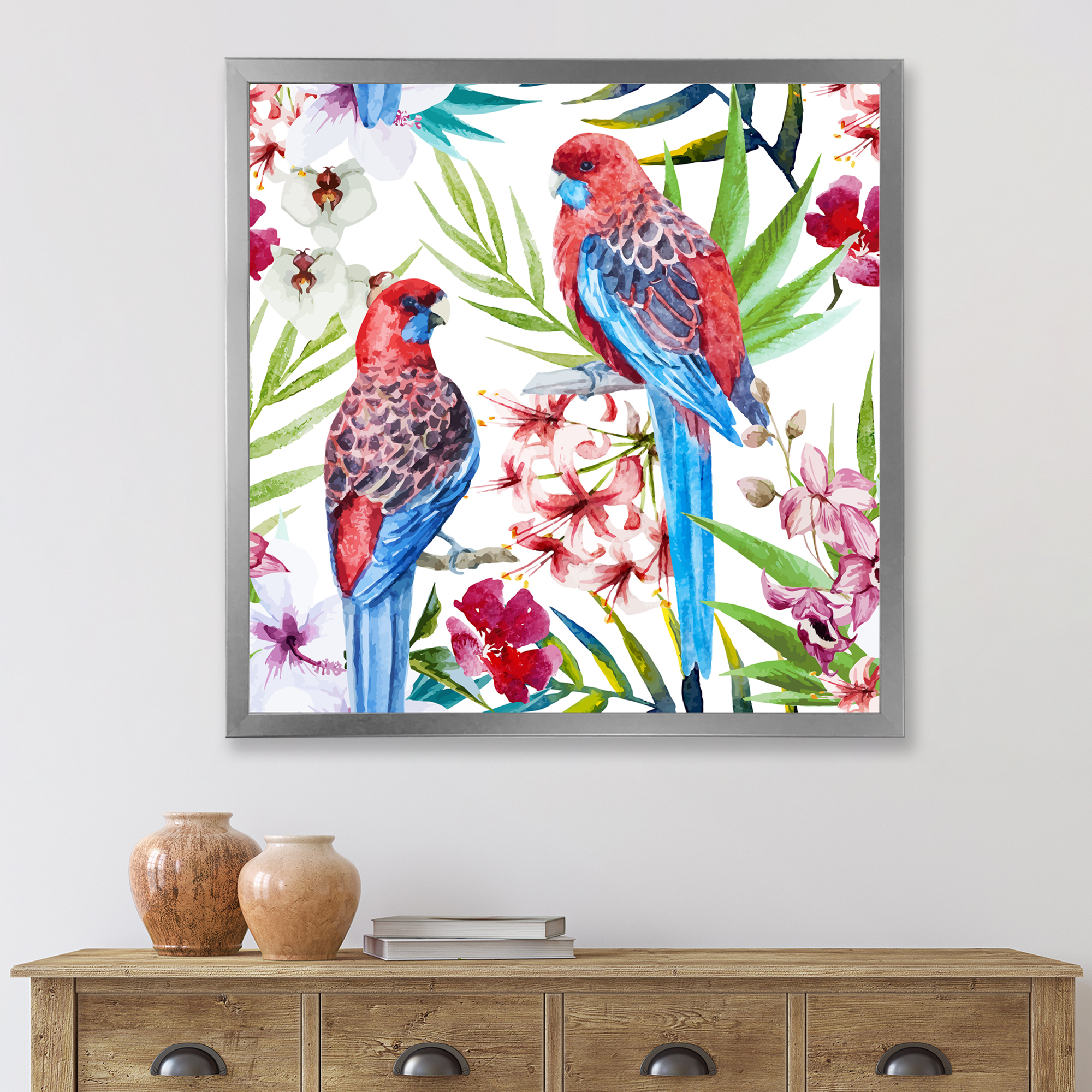 Designart 'Rosella Birds Sitting On Flowers Tree Branch' Traditional Framed Art Print