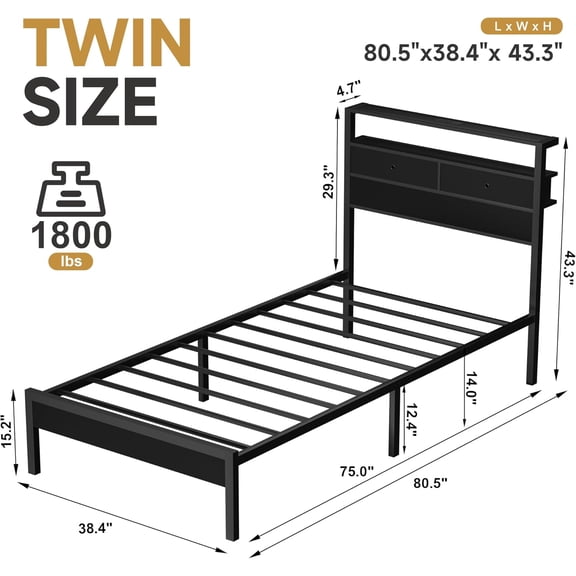 Twin Bed Frame with LED Lights, Charging Station & Storage Drawers, Metal Platform Bed with Wood Headboard