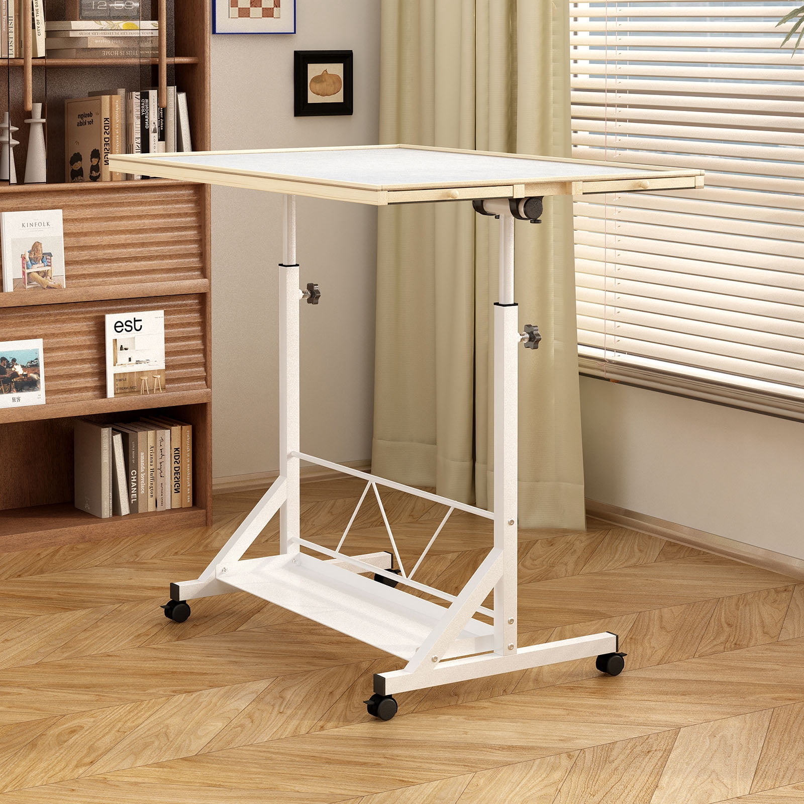 CQSXDA 1500 Piece Capacity Wooden Puzzle Table in White, Adjustable Height and Angle, with Drawer and Protective Cover Included 360 Degree Tilting Design and Rolling Wheels