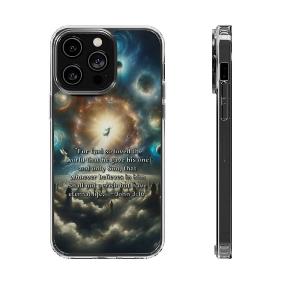 DistinctInk Hybrid (Acrylic / TPU) Clear Slim Fit Case for Apple iPhone 15 PLUS (6.7" Screen) - "For God's Love: John 3:16 Offers Eternal Life"