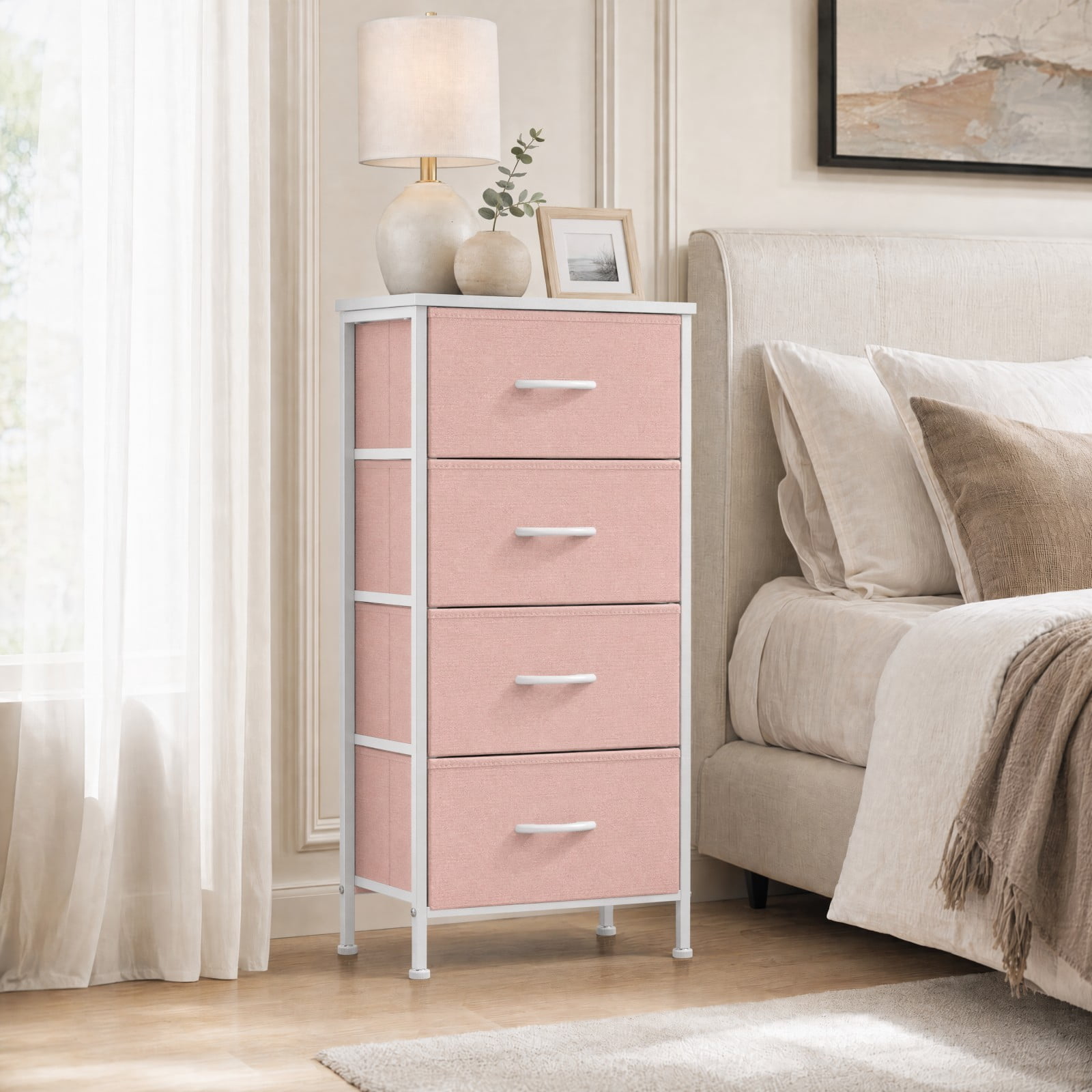 Telyra 4-Drawer Fabric Dresser 37.4" Tall Storage Tower with Wood Top and Steel Frame Narrow Organizer, Pink