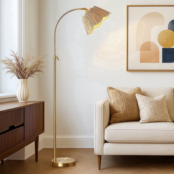 RORIA 64” Curved Floor Lamp, Height Adjustable gold Standing Lamp,with a woven paper shade, perfect for bedrooms, living rooms, and offices (bulb included)