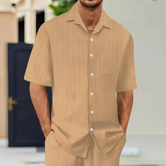 pstuiky Mangas cortas para hombre, Conjunto informal de verano para hombre, de color liso, de manga corta, con solapa y cordón elástico en la cintura. camisas casuales para hombre s