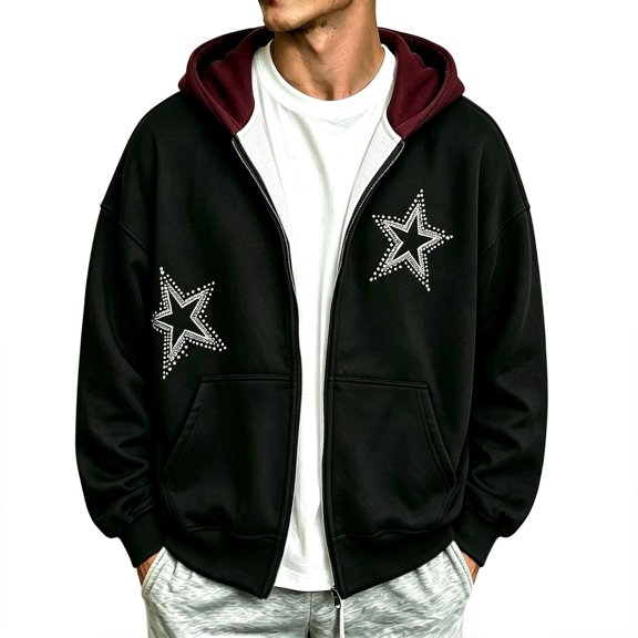 JIAYUE Men Zip Up Hoodie Star Print Long Sleeve Sweatshirt Kangaroo Pocket Loose Fit Cropped Outerwear for Outdoor Daily Walking