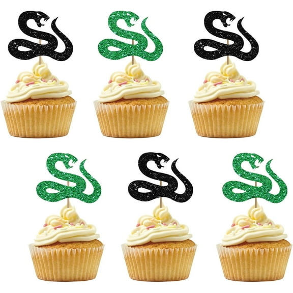 12pcs Snake Cupcake Toppers for Reptile Pet Theme Party, Black & Green Glitter Snake Sign Cupcake Toppers, Cake Decorations for 1st Birthday/Animal Theme Party Supplies
