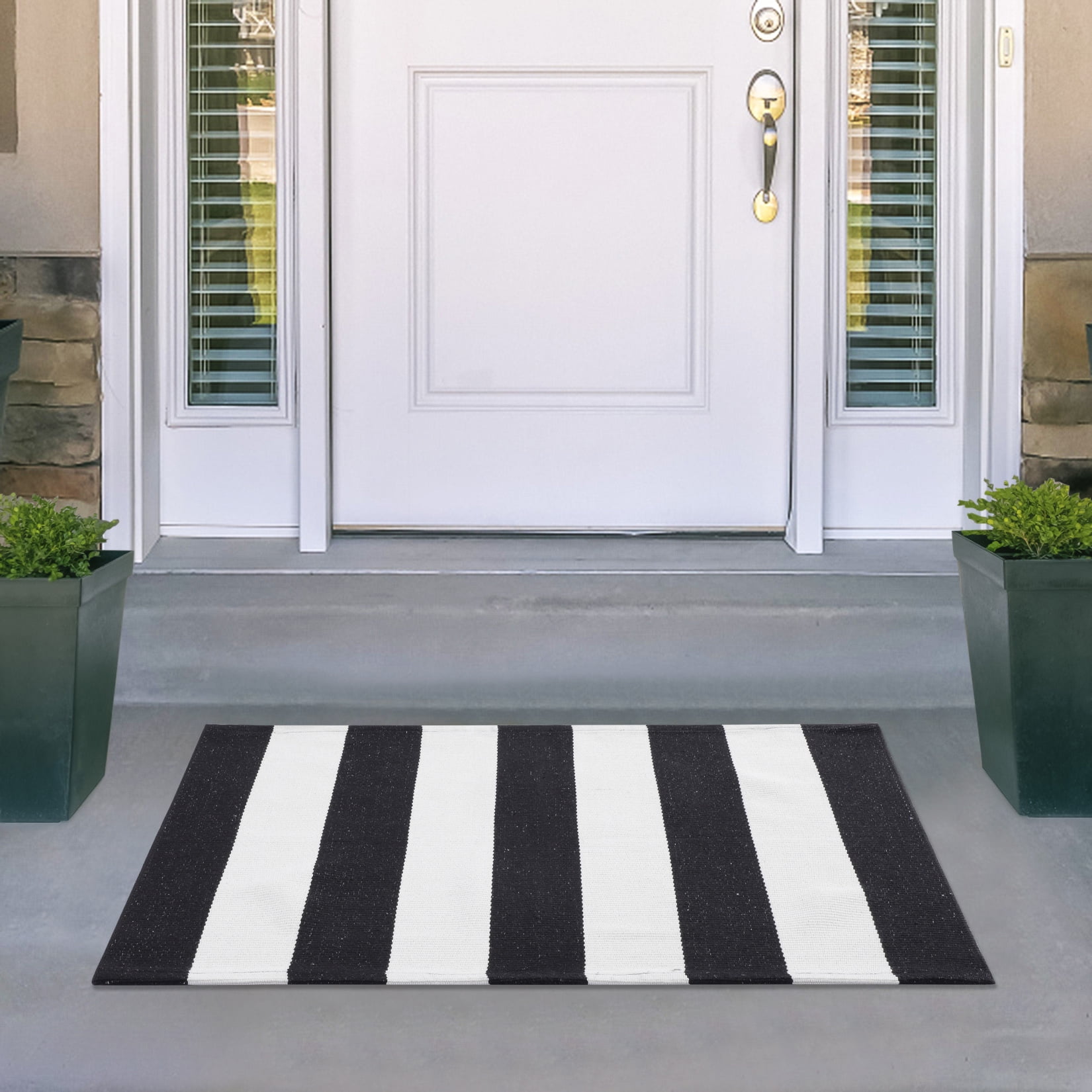 Breezsisan Outdoor Front Door Porch Rug 2x4.3 ft Front Door Rugs Stripe  Black White Layering Under Door Mats Rugs. Cotton Woven Checkered Runner