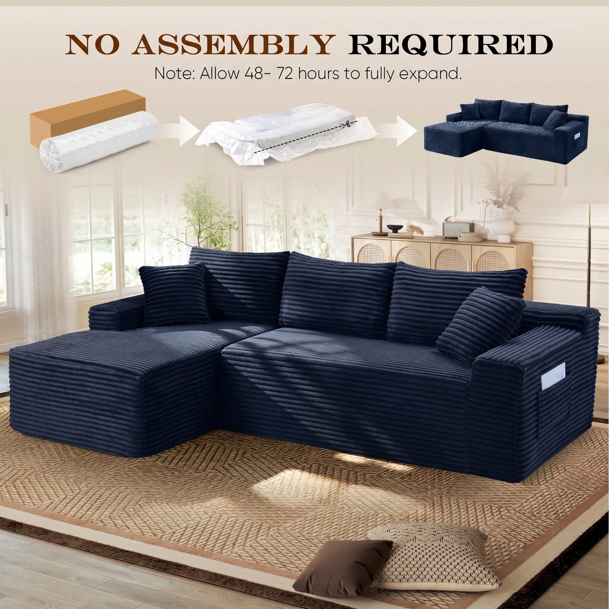 Lunale Small Modular Sectional Sofa with Movable Chaise, L-Shaped Boneless Cloud Couch for Living Room, Blue (Left Facing Chaise)