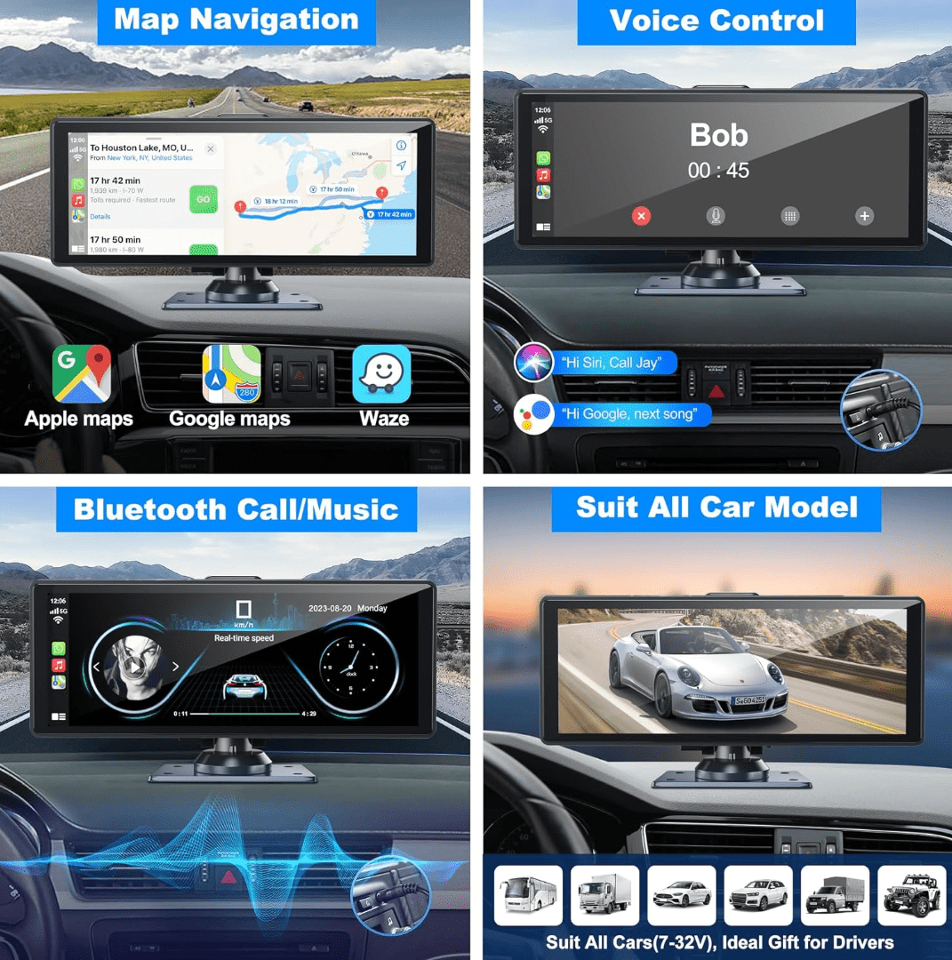 4K Display Portable Car Stereo Dash Cam with GPS ADAS Carplay Android Auto  Monitor 10.26 inch IPS Touch Screen Bluetooth WiFi Front and Rear Camera