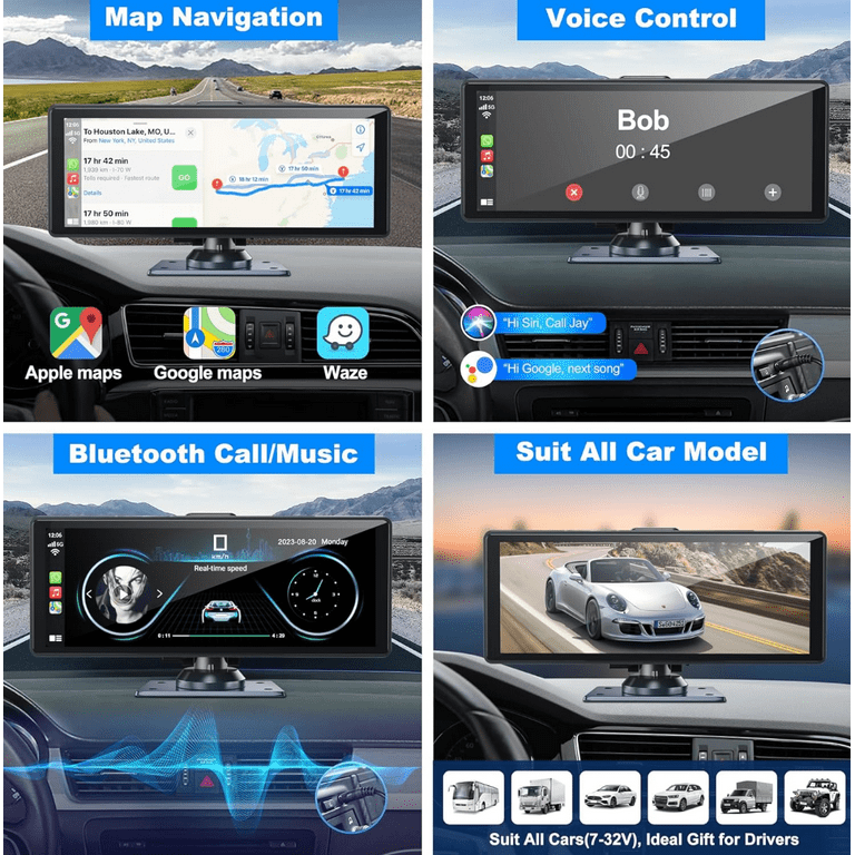 Portable Wireless Carplay& Android Auto Car Screen,10.26 Inch IPS  Touchscreen with 4K Dashcam and HD Back-up Camera Support  Bluetooth/Siri/Google/GPS/Mirror-Link 