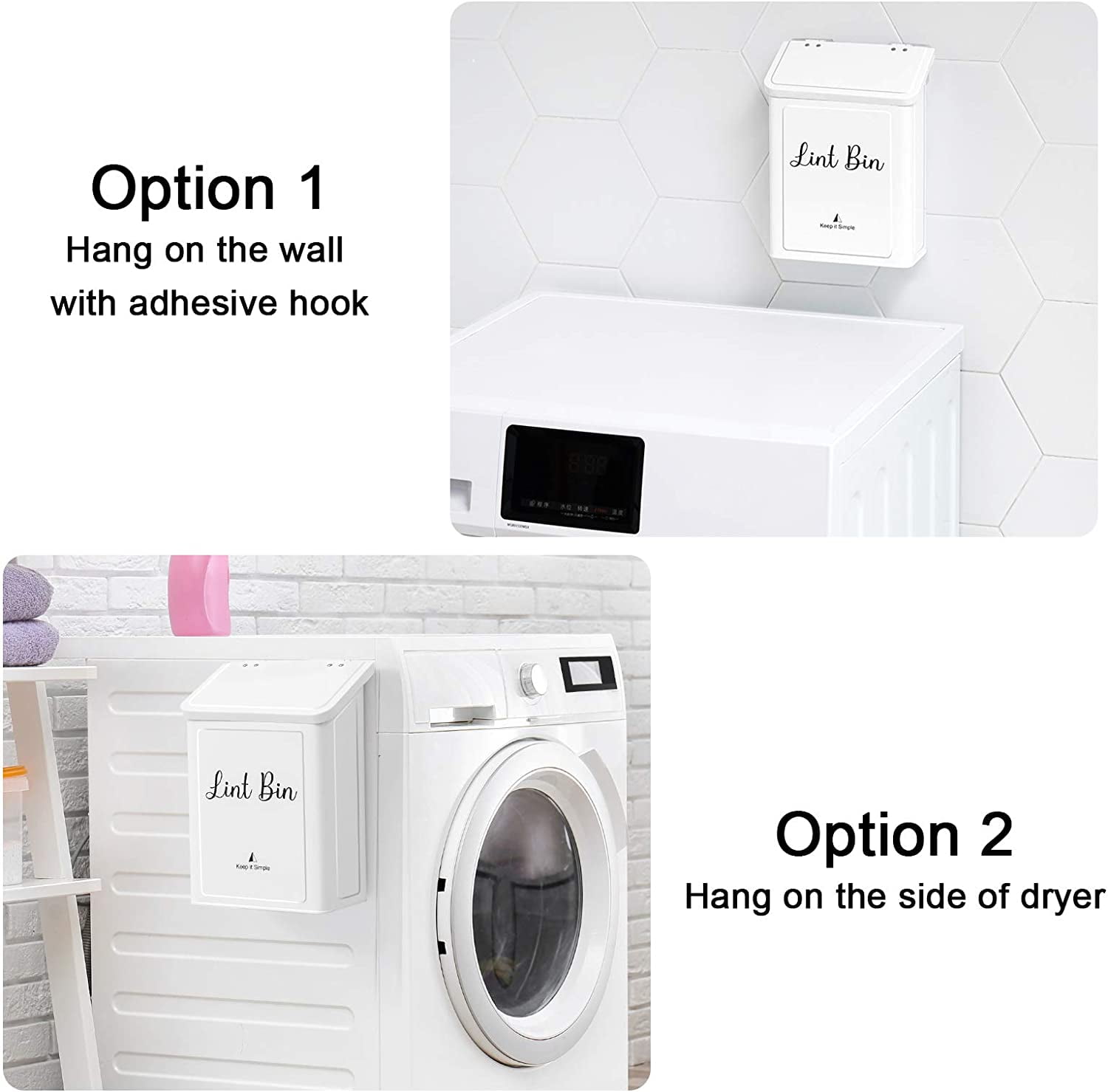 SUBEKYU Metal Magnetic Lint Bin for Laundry Room, Wall Mounted Lint Box Holder Trash Can with Lid for Dryer,Lint Basket for Laundry Room,White