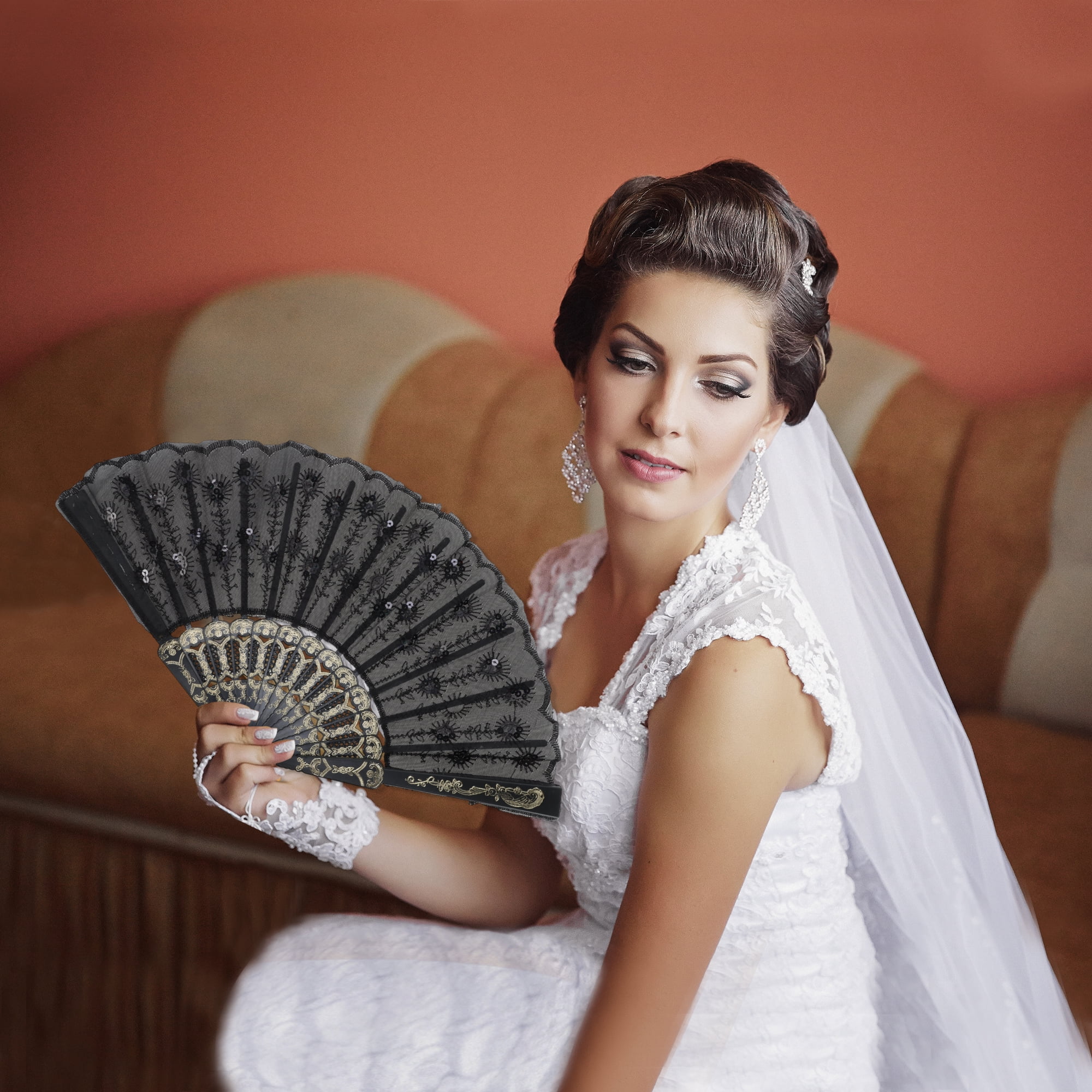 Unique Bargains Beautiful Sequins Folding Fan 1 Pc Black