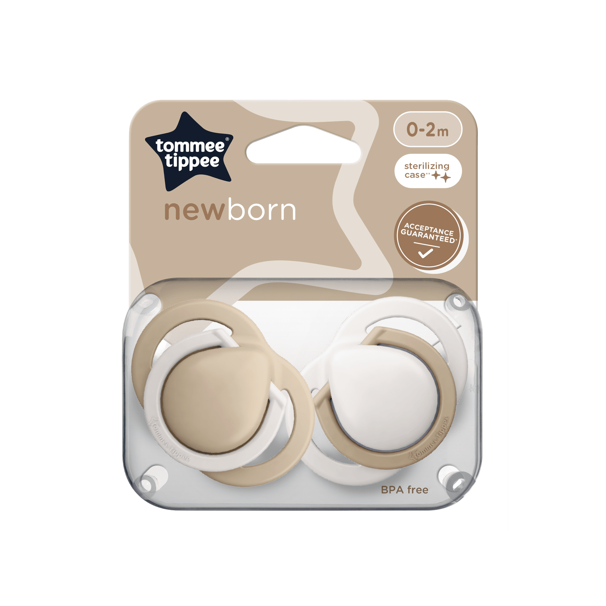 Tommee Tippee Newborn Pacifiers, 0-2 Months, Matte Texture, Reusable Sterilizer Pod, Pack of 2