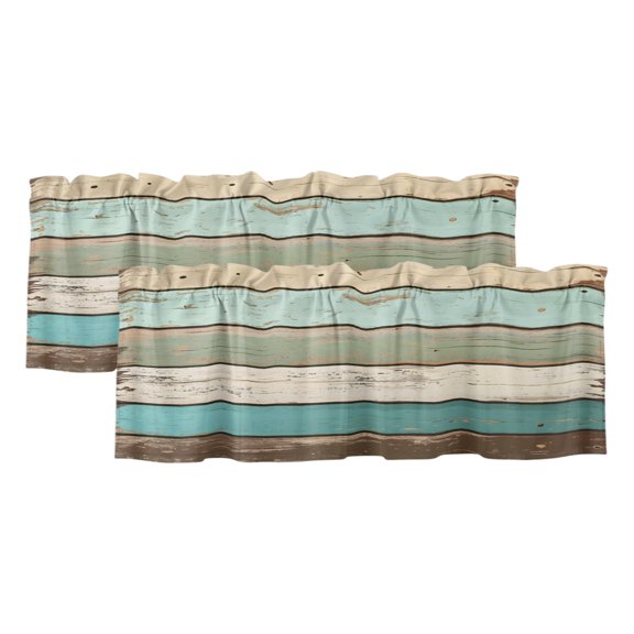 Farmhouse Teal Brown Valances for Windows 2 Panels, Light Filtering Kitchen Curtains Window Valance for Living Room Bedroom, Vintage Ombre Wooden Rod Pocket Short Window Treatments 42"Wx12"L
