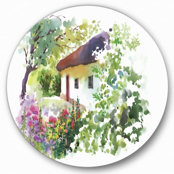 Designart 'Rural Village House On A Green Summer Day' Traditional Circle Metal Wall Art 36x36 - Disc of 36