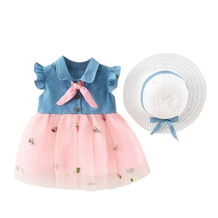 

Girls Dresses Summer Baby 6M-3Y Fly Sleeve Denim Patchwork Pineapple Tulle Princess Hat Set Sun Dress