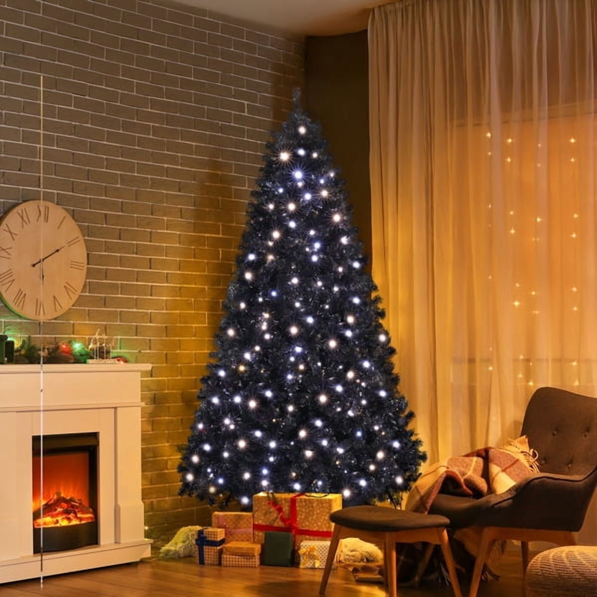 7.5FT Black Pre-Lit Christmas Tree - 1350 PVC Branch Tips 400 LEDs Flame-Retardant Easy Setup for Home/Office