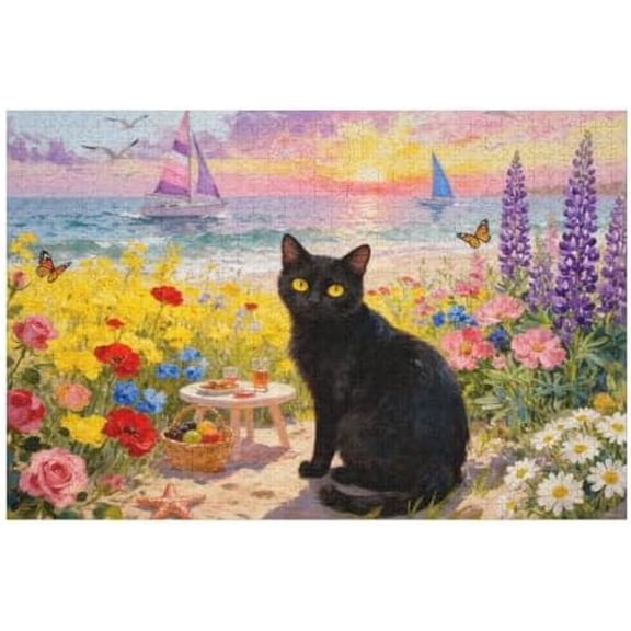 Black Cat in Bloom Puzzle for Adults 500 Pieces, Hard & Vibrant Jigsaw Puzzle, Garden & Animal Theme, 20.5x15 in