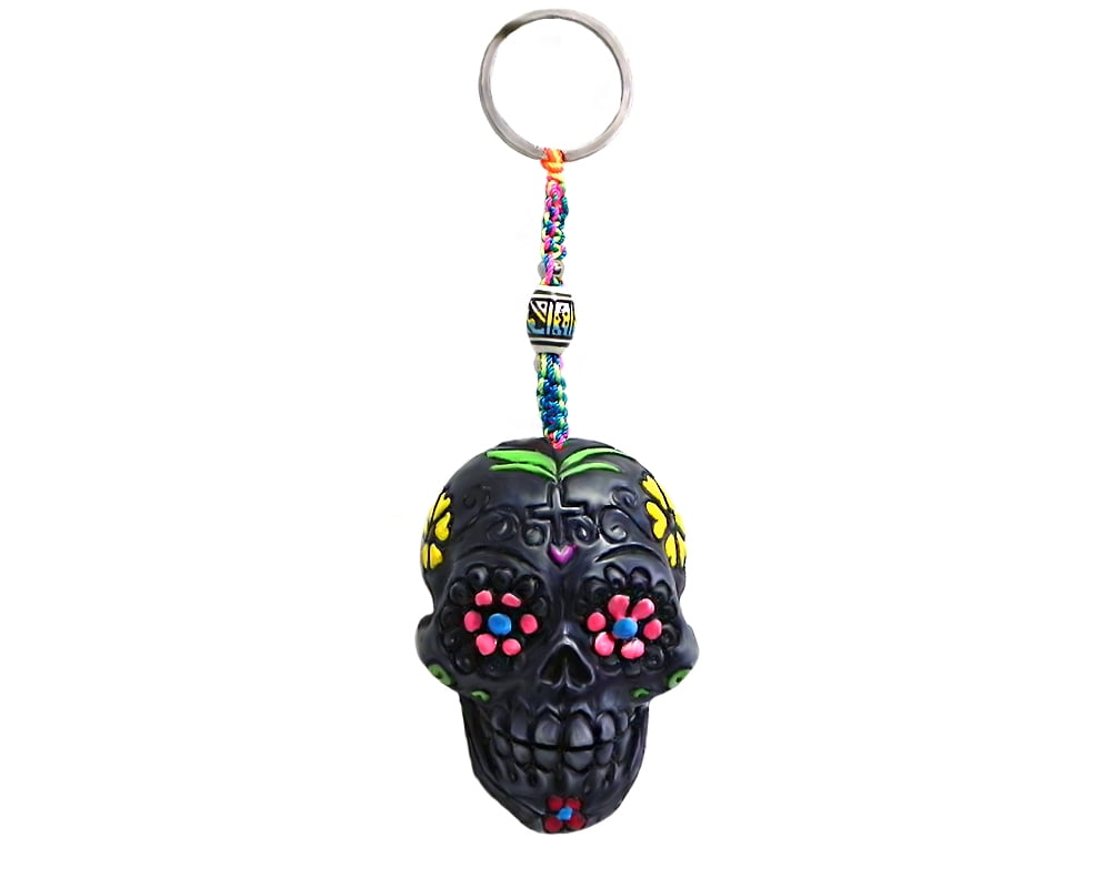 Day of the Dead Sugar Skull 3D Figurine Keychain Multicolored Macramé Metal  Ring Handmade Gift Boho Car Bag Accessories 