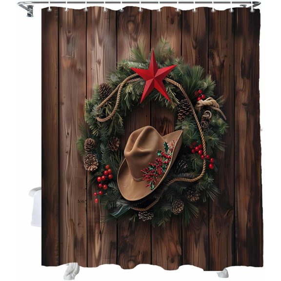 Christmas Shower Curtain Christmas Wreaths Shower Curtains for Bathroom Decor Western Texas Star Cowboy Hat Christmas Decoration Bath Curtains Sets with Hooks Waterproof, 72x72 in