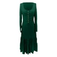 thumbnail image 5 of Women Gala Dresses Western Style Button Front Ruffle Detail Long Sleeve Maxi Dress Vintage Dress Gown Wedding Dresses Dark Green M, 5 of 6