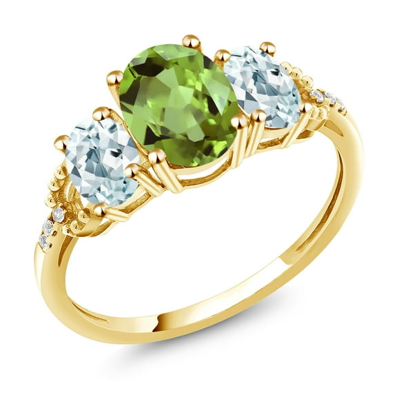 Gem Stone King 10K Yellow Gold Oval Green Peridot Sky Blue Aquamarine and Accent Diamond Ring for Women | 2.46 Cttw | Gemstone Birthstone.5 (Size 6)