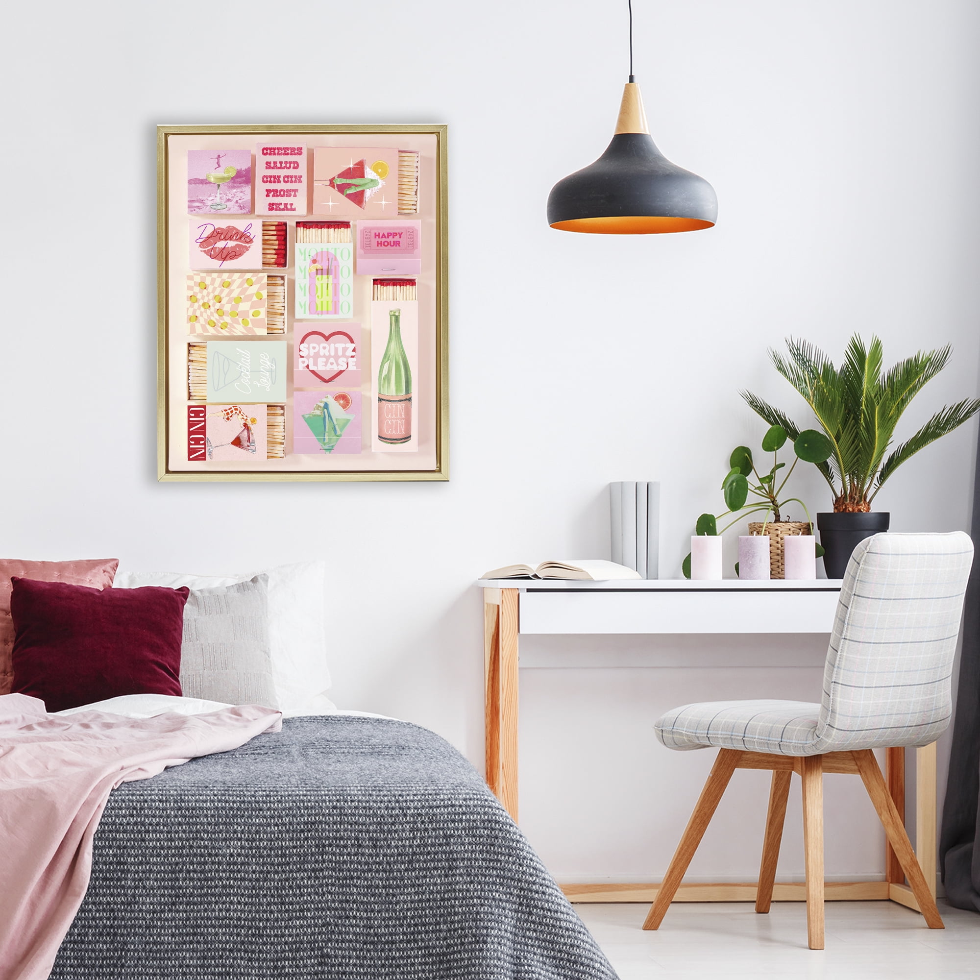 Glam Cocktails Retro Matches Gold Framed Floater Canvas Wall Art, design by Lil' Rue