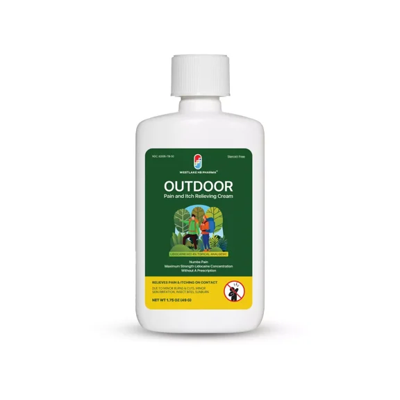 Westlake HB Pharma Outdoor Pain & Itch Relief Cream, Lidocaine 4%, 1 Bottle, Maximum Strength, First Aid for Cuts, Burns, Bug Bites, Sunburn