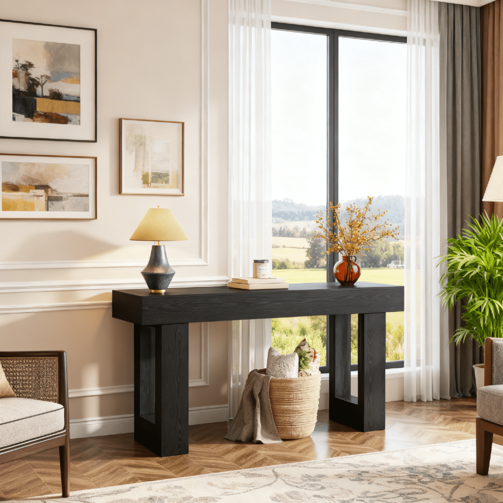 Fnova 63" Long Console Table, 2-Tier Wooden Narrow Rectangular Sofa Table Behind Couch, Farmhouse Entryway Table for Entrance, Hallway, Living Room