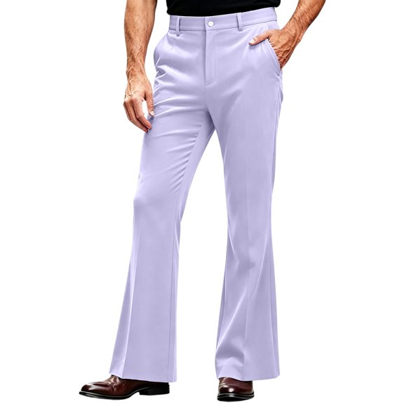 LEKWK Flared Dress Pants for Men Slim Fit Bootcut Trousers Retro Style Casual Slacks with Pockets Smooth Draped Apparel for Business Work Office Party Outing Purple L