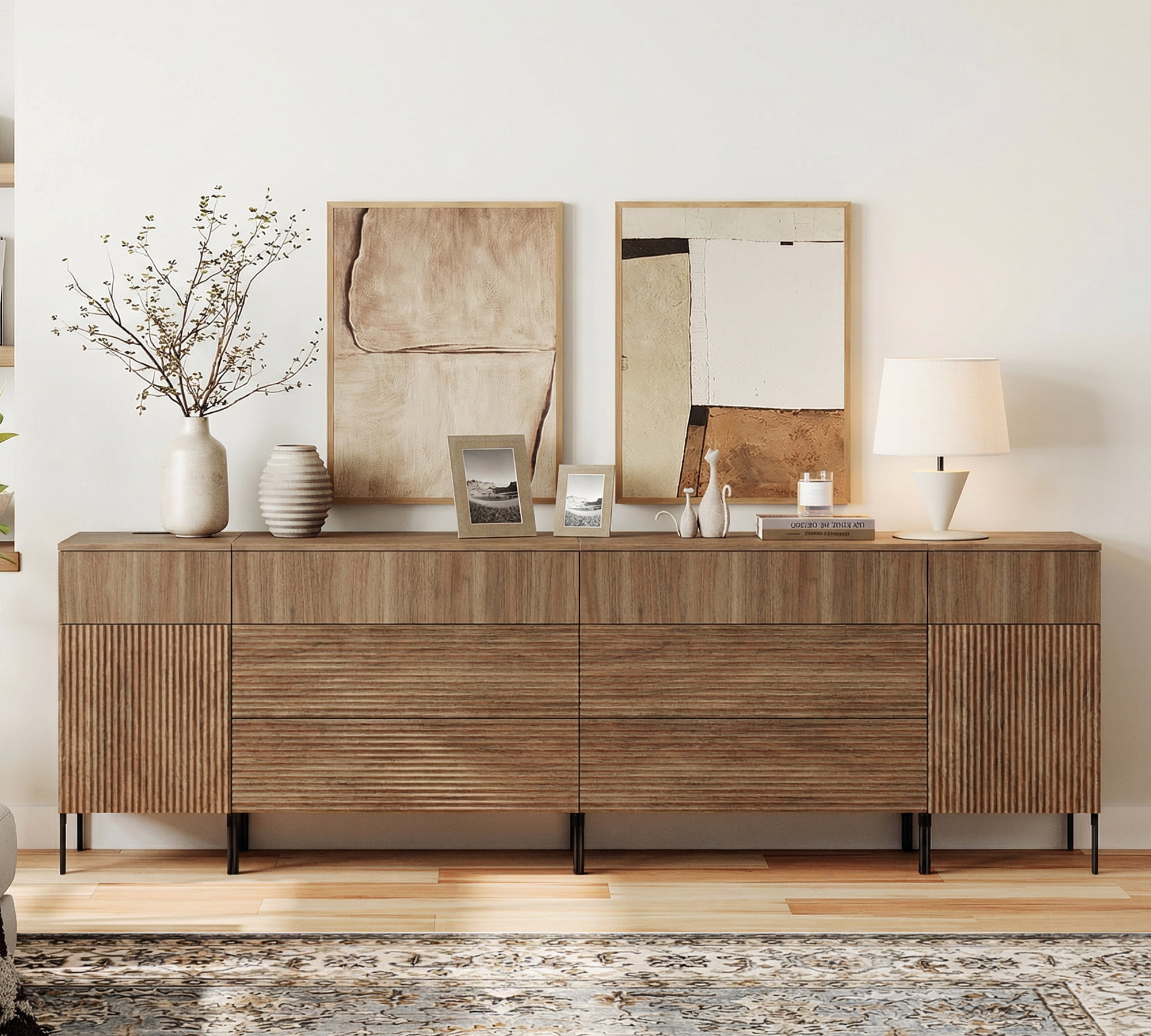 94.5" Reeded Accent Cabinet Set with Doors and Drawers, Modern Credenza Storage Cabinet with Charging Station for Living Room, Kitchen, Dining Room, Hallway