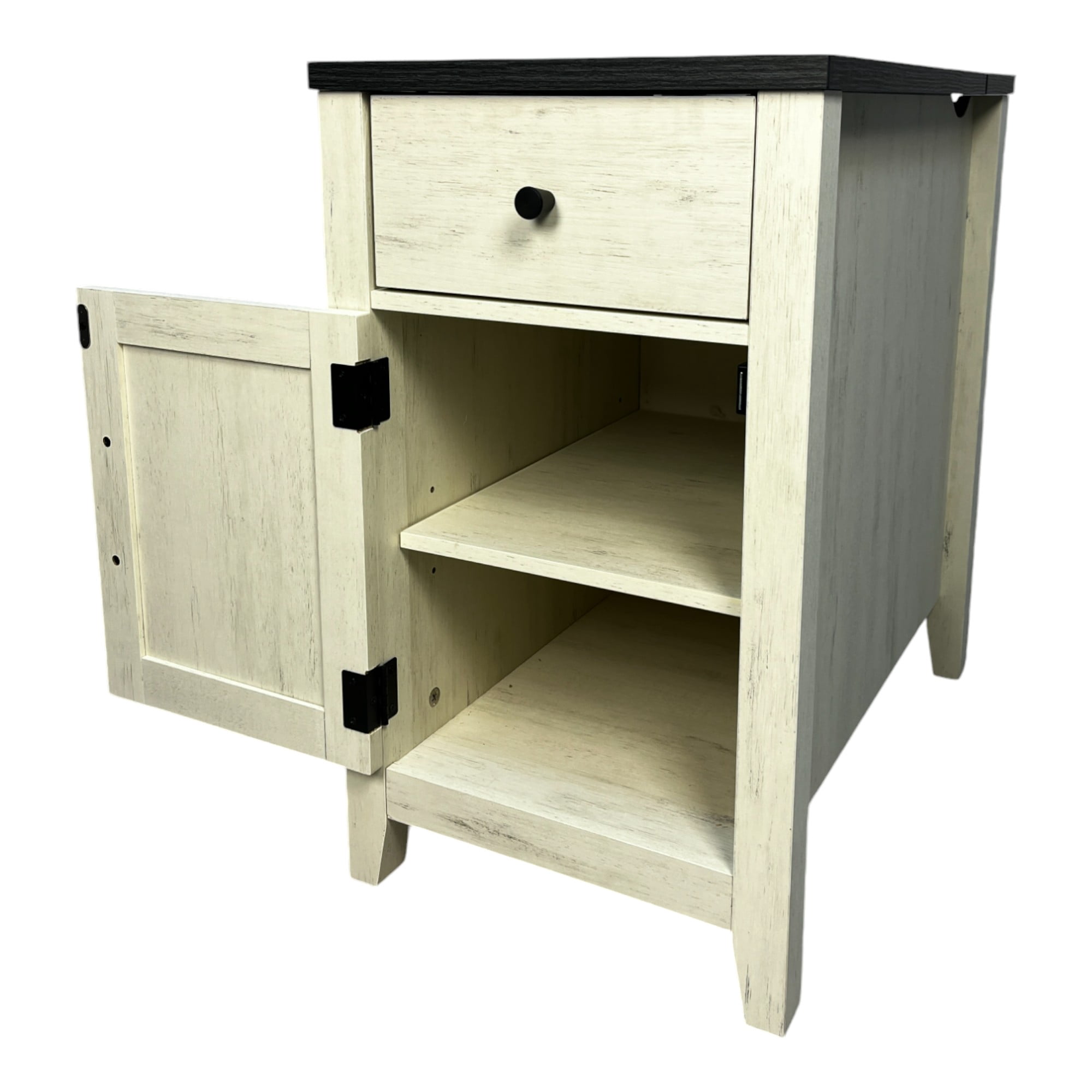 Farmhouse End Table Bedside Table with Charging Station,Night Stand with Barn Door and Drawer, Storage for Bedroom Living Room ,Bedside Table, White+Black color