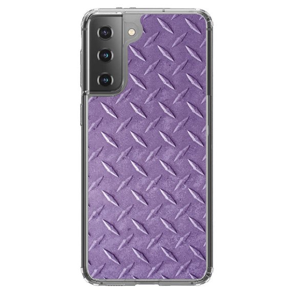 DistinctInk Clear Shockproof Hybrid Case for Galaxy S21 5G (6.2" Screen) - TPU Bumper, Acrylic Back, Tempered Glass Screen Protector - Purple Diamond Plate Steel Image Print - Faux Plate