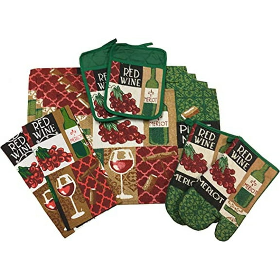 Set of 8, Red Wine Design Tapestry Kitchen Towel Set, Include 4 Placemats, 2 Kitchen Towels, Potholder Oven mitt.
