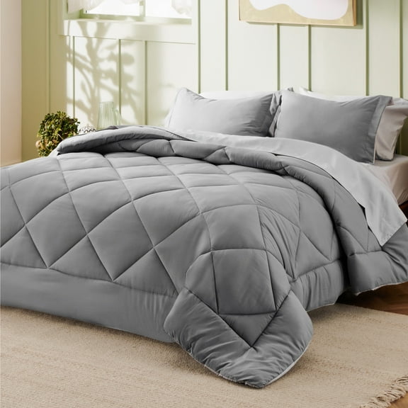 U by Bedsure 7 Pieces Queen Comforter Set, Reversible Bed in a Bag Queen Size, All Season Bedding Set with Comforter, Flat Sheet, Fitted Sheet, Pillowcases & Shams, Dark Grey & Light Grey