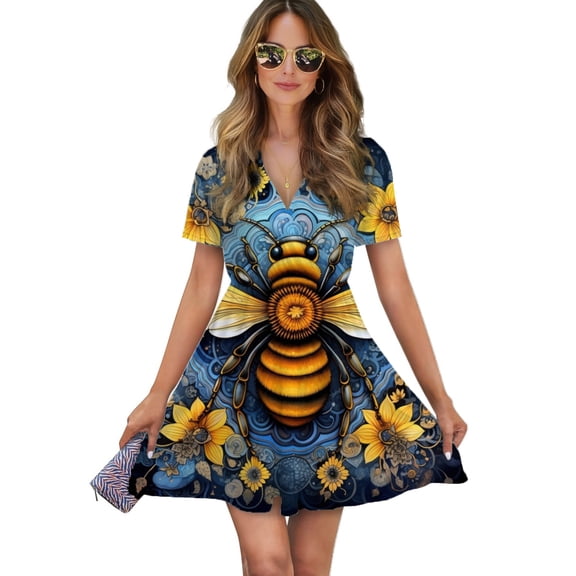 Watercolor Bumblebee Yellow Sunflowers Women Dress V-Neck Short Sleeve Flowy Swing Party Midi Dress