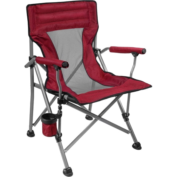Quad Outdoor Chair, Extra-Large, Red - with Padded Hard Arms, Breathable Mesh Seat & Cup Holder - Portable Camp Chair for Tailgating, Camping, Beach, or Backyard