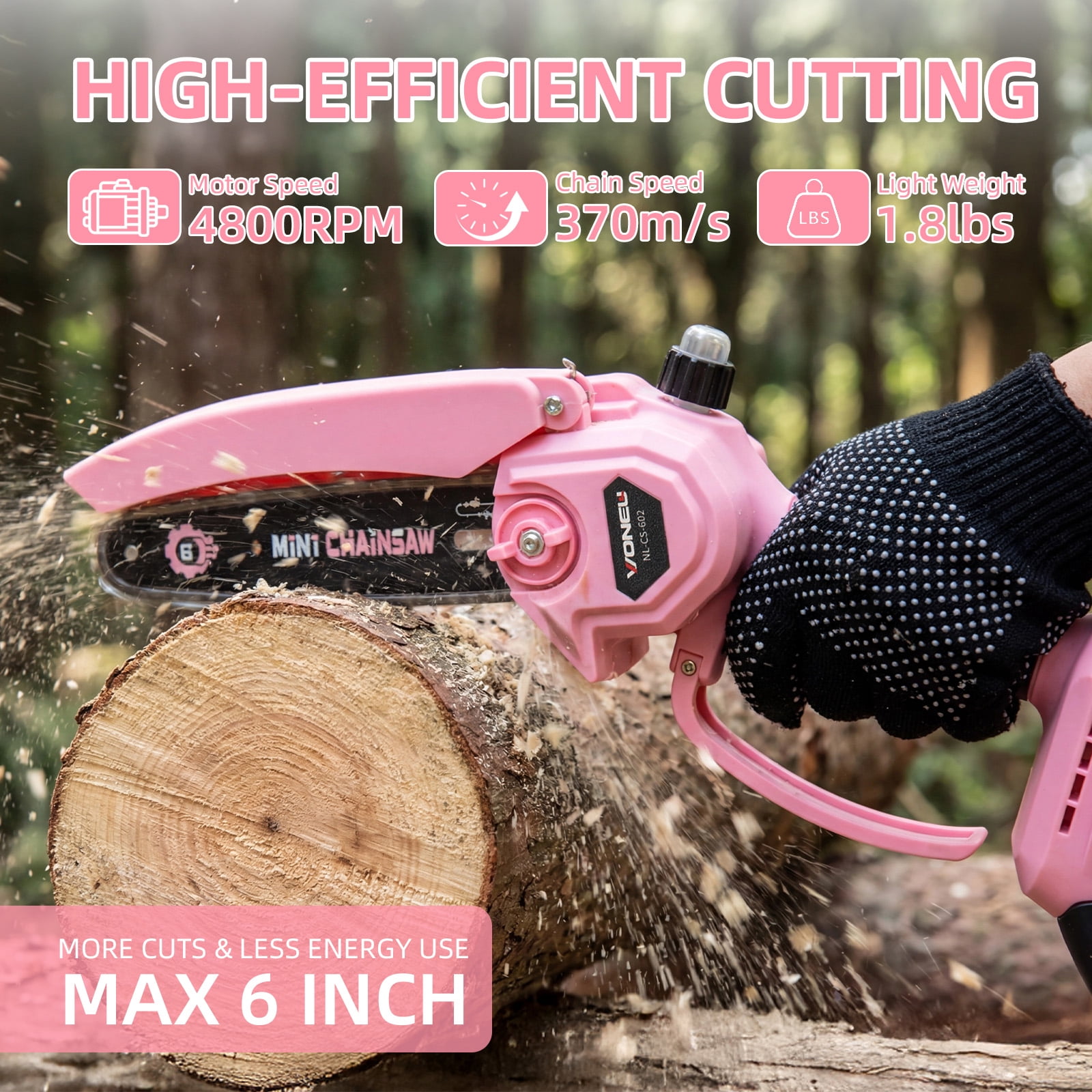 ZLieatmp 6-inch Electric Chainsaw，Handheld Mini Chainsaw for Wood Cutting Tree Trimming Includes 2 Chains & 2 Batteries, Pink