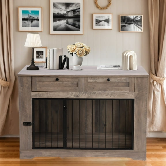 TPHORK 47” L Large Dog Crate Furniture-Decorative Heavy Duty Dog Cage Indoor, Wooden Dog Cage End Table with Charging Station, Dog House with 2 Drawers(Gray)