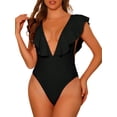thumbnail image 1 of Traje de baño de una pieza para mujer, con escote en V, con volantes, monokini, control de abdomen, color negro, talla L, 1 of 5