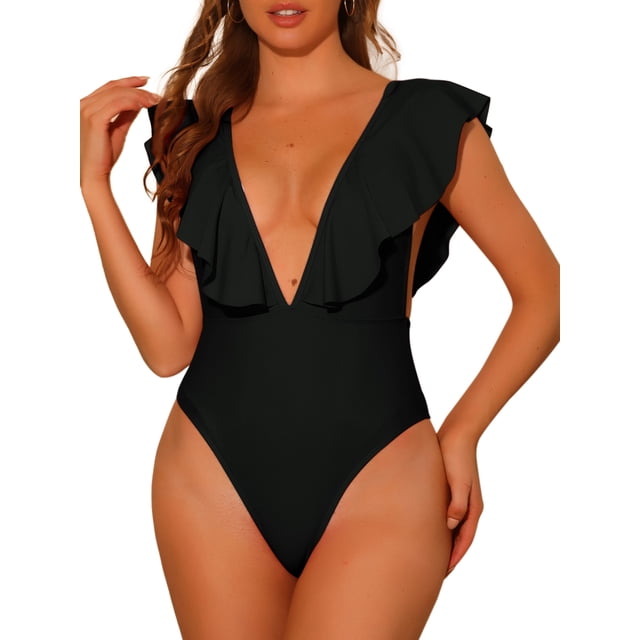 Traje de baño de una pieza para mujer, con escote en V, con volantes, monokini, control de abdomen, color negro, talla L