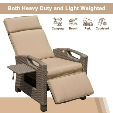 Outdoor Recliner Chair, Patio Recliner with Hand-Woven Wicker, Flip Table Push Back, Adjustable Angle, 6.8'' Thickness Cushions, Reclining Lounge Chair for Indoor and Outdoor, Beige