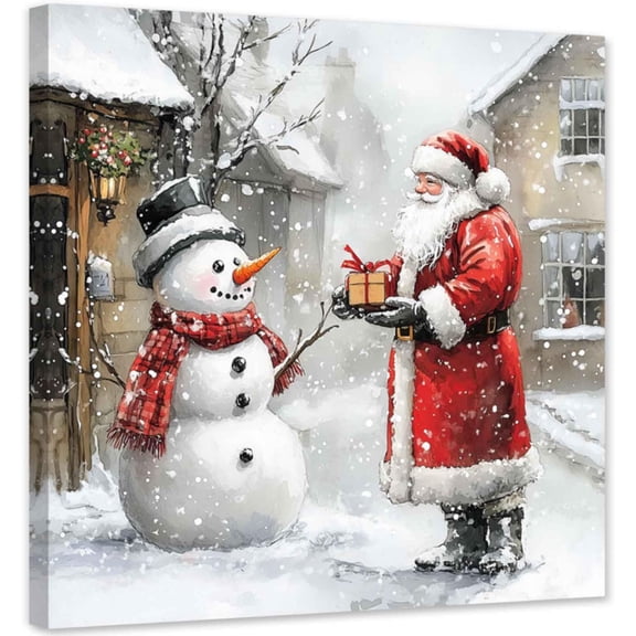 ZHONGYUTONG Christmas Canvas Wall Art Snowman Picture Santa Claus Painting Winter Farmhouse Poster for Living Room Decor Framed (12.00" x 12.00")