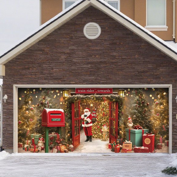 Bannière de Porte de Garage Saison des Fêtes Traîneau du Père Noël Bonhomme de Neige Décoration Matériau Polyester Résistant aux Intempéries Installation Facile pour Porche avant Fête Extérieure