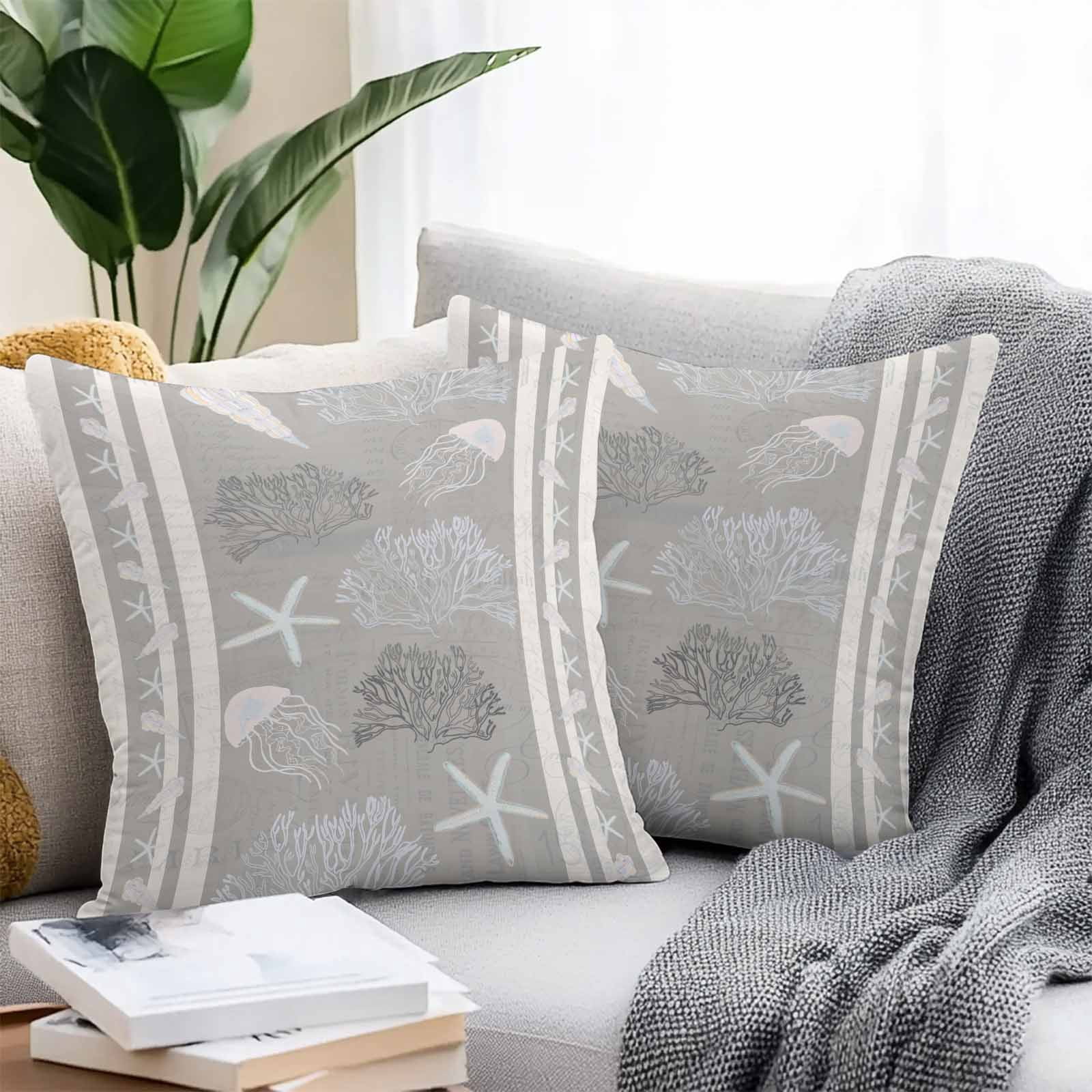 Outdoor Pillow Covers 24 x 24 Inches, Gray Coastal Waterproof Throw Pillow Cover Set of 2, Nautical Beach Summer Sea Starfish Coral Decorative Square Cushion Covers for Patio/Tent/Couch/Garden
