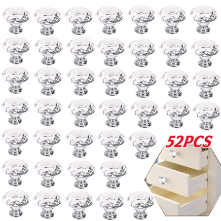 52 Pack Crystal Cabinet Knobs , 25 mm Acrylic Drawer Pulls Diamond Shape Dresser Knobs with Screws for Kitchen, Bathroom Cabinet, Dresser and Cupboard