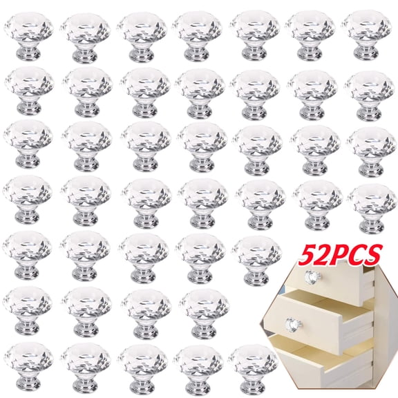 52 Pack Crystal Cabinet Knobs , 25 mm Acrylic Drawer Pulls Diamond Shape Dresser Knobs with Screws for Kitchen, Bathroom Cabinet, Dresser and Cupboard