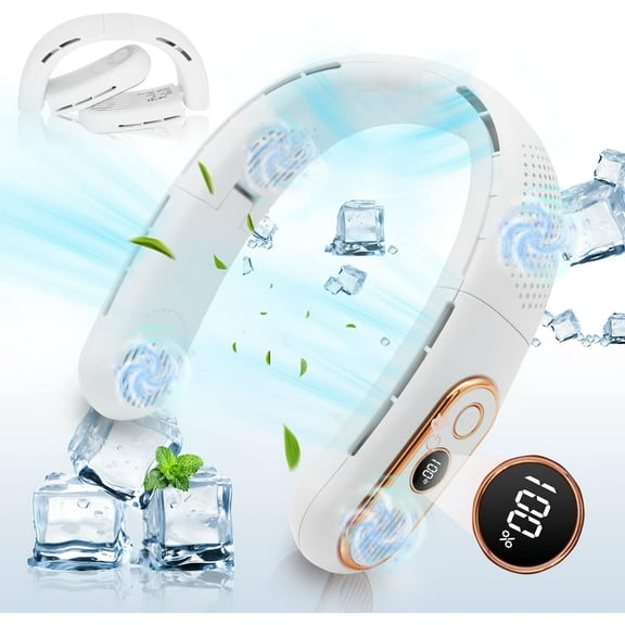 Neck Fan, 4 Turbos Foldable Portable Fan, 6000mAh Bladeless Neck Fan Rechargeable, LED Display, 3 Speeds Adjustment, 360°Cooling Airflow for Office, Outdoor, Travel, Home