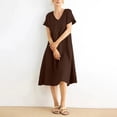thumbnail image 5 of purcolt Womens Cotton Linen Midi Dress Casual Loose Fit Short Sleeve V Neck Flowy Sundress Summer Beach Dress with Pockets, 5 of 9